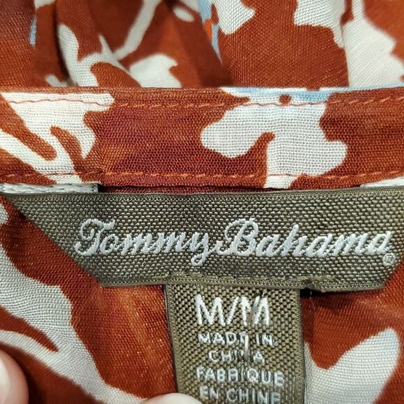 Tommy Bahama Sz M Rust Blue Floral Sheer Scoop Neck Popover Cupro Blouse 824 - Picture 7 of 8